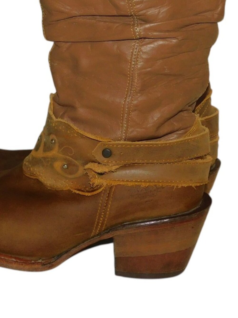 Brown Leather Slouch Western Boots With Decorative Harness Straps Made In Mexico - Picture 8 of 13